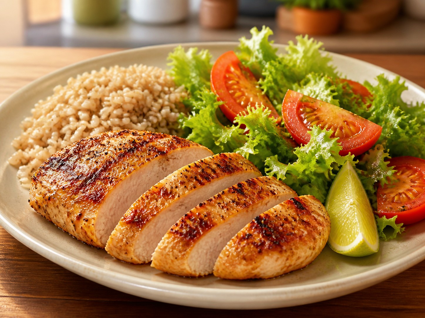 Fotografia real do prato Frango Grelhado com Arroz Integral e Salada Temperada: peito de frango grelhado fatiado, arroz integral, salada de alface e tomate, com limão.